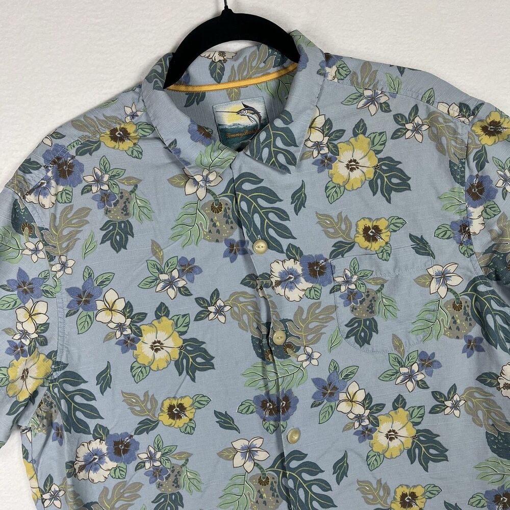 Tommy Bahama Island Modern Fit Shirt Mens Large Blue Silk Cotton Floral Tropical